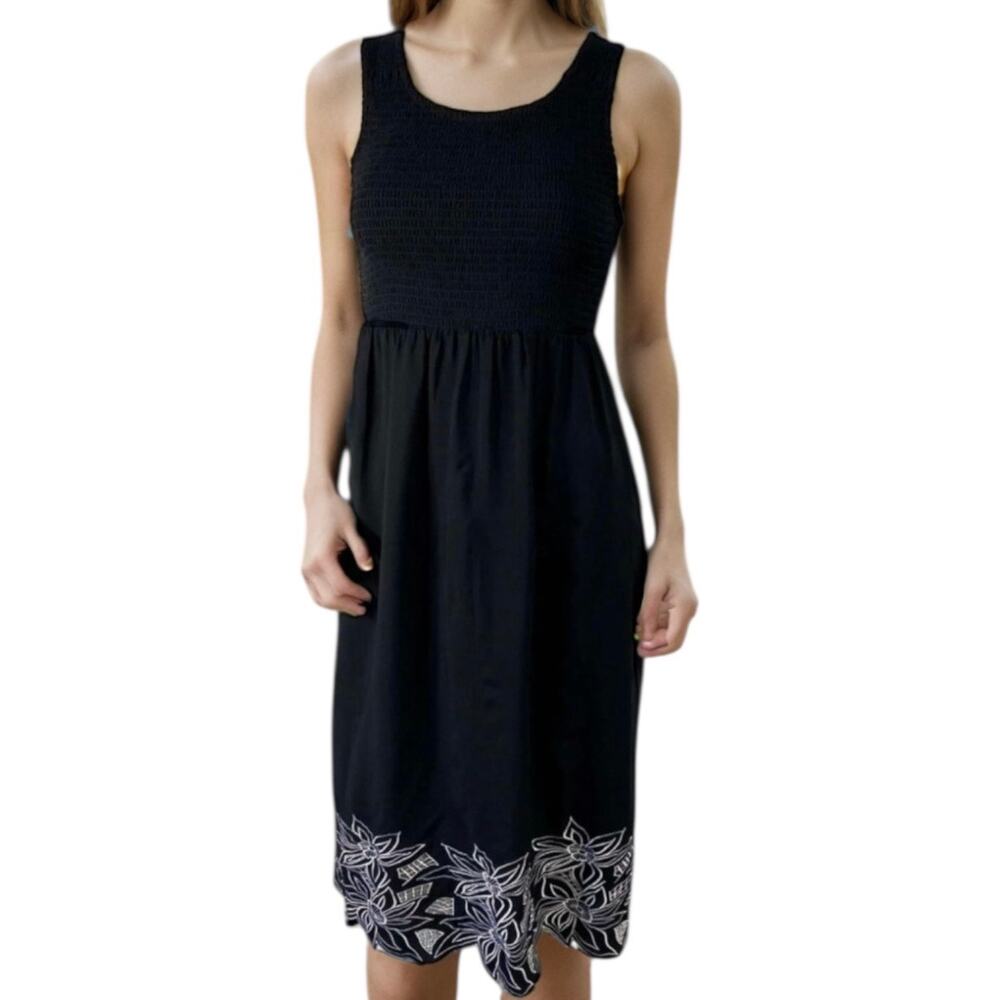 Jane Ashley black midi dress sleeveless smocked white floral hem summer comfort